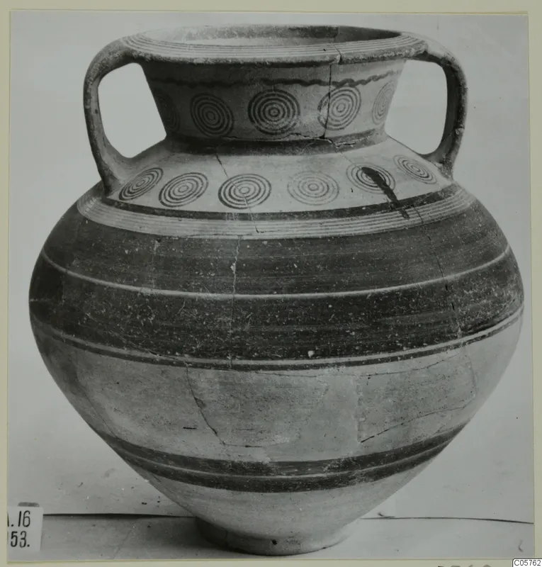 Pottery Bichrome V two-handled jar with concentric-circle motifs on neck and shoulder, from Amathus