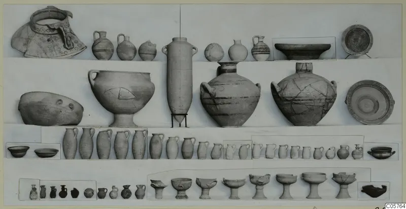 Ayia Irini pottery of Period 5: rows of vessels including jugs, jars, bowls and footed bowls on a pale ground
