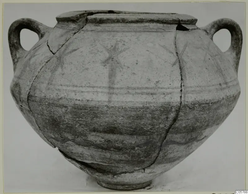 Two-handled painted pottery crater with radiating motifs and horizontal bands, photographed upright against a plain background.