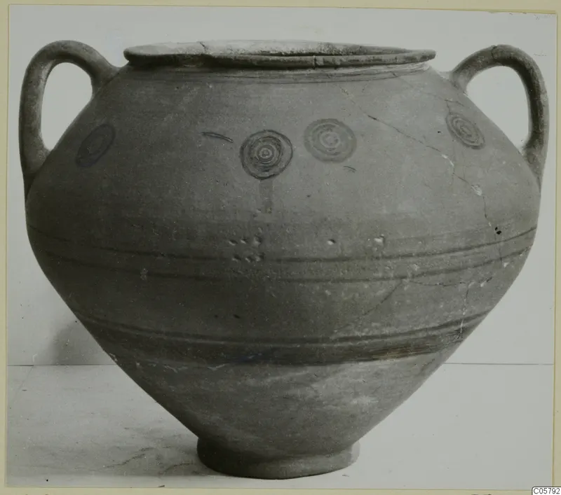 Two-handled jar with painted concentric circles and horizontal bands, from Marion