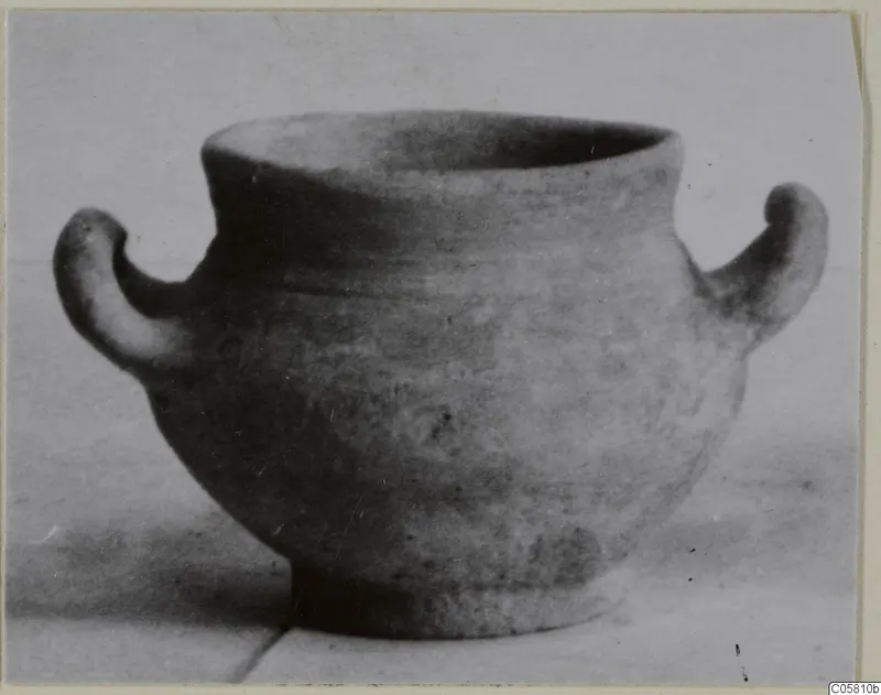 Amphoriskos of Pottery Stroke Polished Ware from Marion, with two handles, photographed on a pale surface.