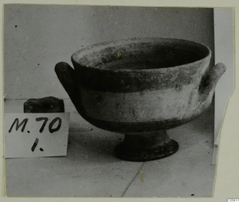 White Painted I bowl with two horizontal handles and a ring foot, shown beside a handwritten number label