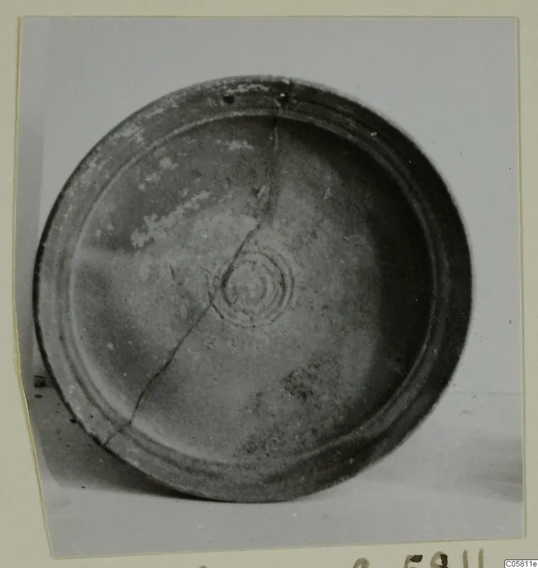 Interior of a shallow pottery bowl with a concentric ring motif at its centre and a crack running across it
