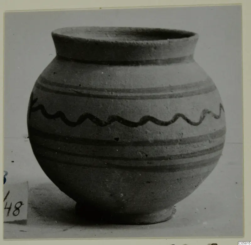 Globular pot with flared rim and dark painted bands and a wavy line on a pale buff surface