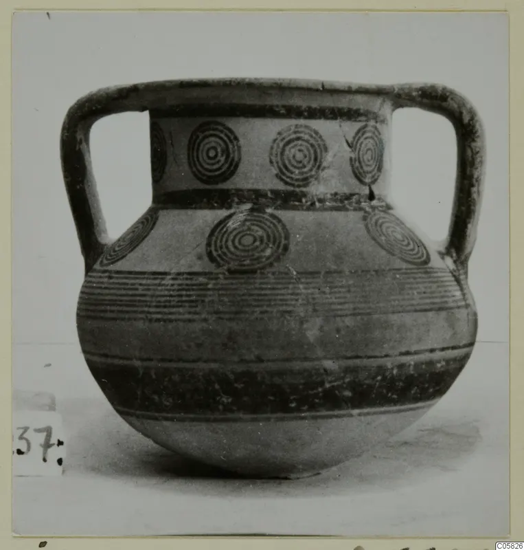 Pottery Bichrome IV, amphora-crater (J.237): two-handled vessel with concentric circle motifs and horizontal bands