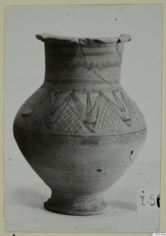 Pottery Bichrome IV amphora-crater from Idalion, with a flared rim and bands of zigzag patterning on the shoulder