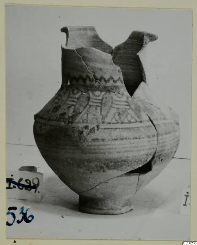 Pottery Bichrome IV, Amphora-Crater: a painted vessel with a broken neck, photographed against a pale background
