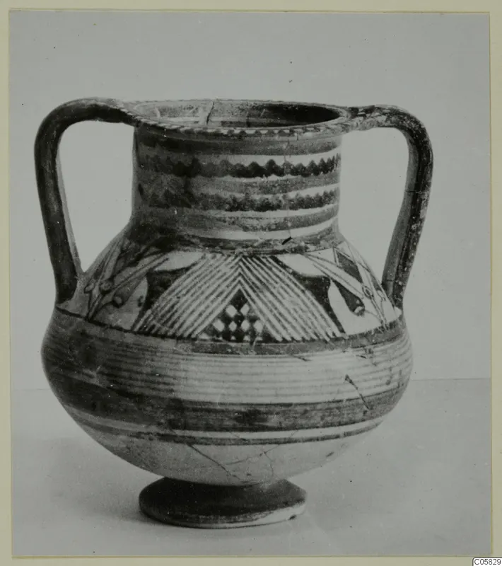 Pottery Bichrome IV amphora-crater with two handles, painted bands and a chevron panel on the shoulder