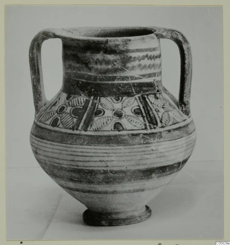 Pottery Bichrome IV, Amphora-Crater: two-handled pottery vessel with dark painted bands and motifs on the shoulder