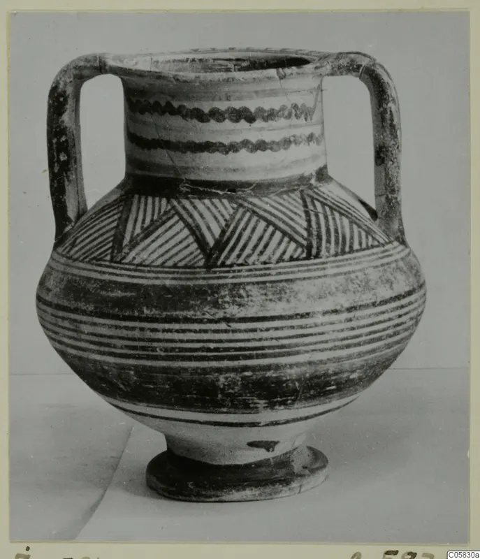 Two-handled painted pottery vessel, Pottery Bichrome IV amphora-crater, seen from the front