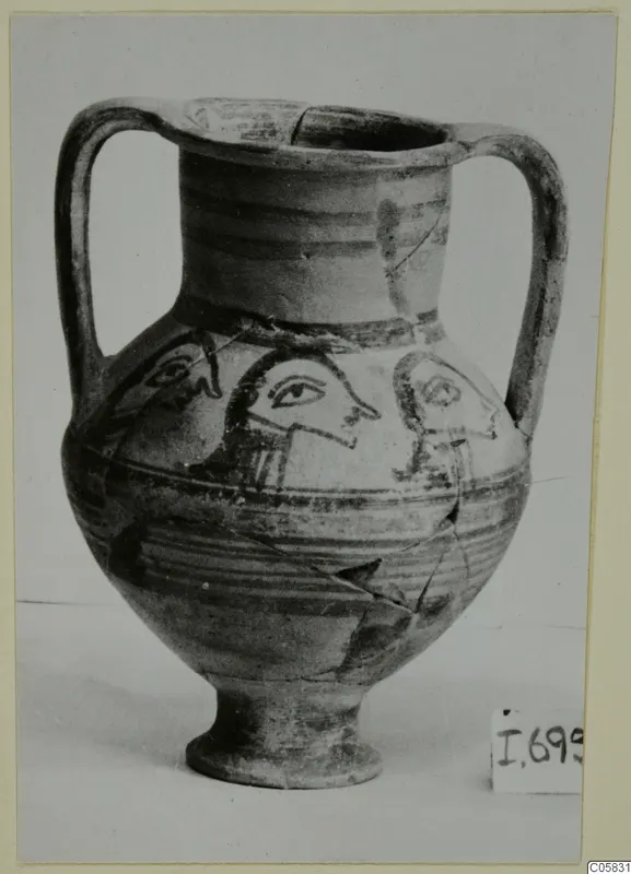Pottery Bichrome IV amphora-crater with two handles, a footed base and three painted profile faces on the body