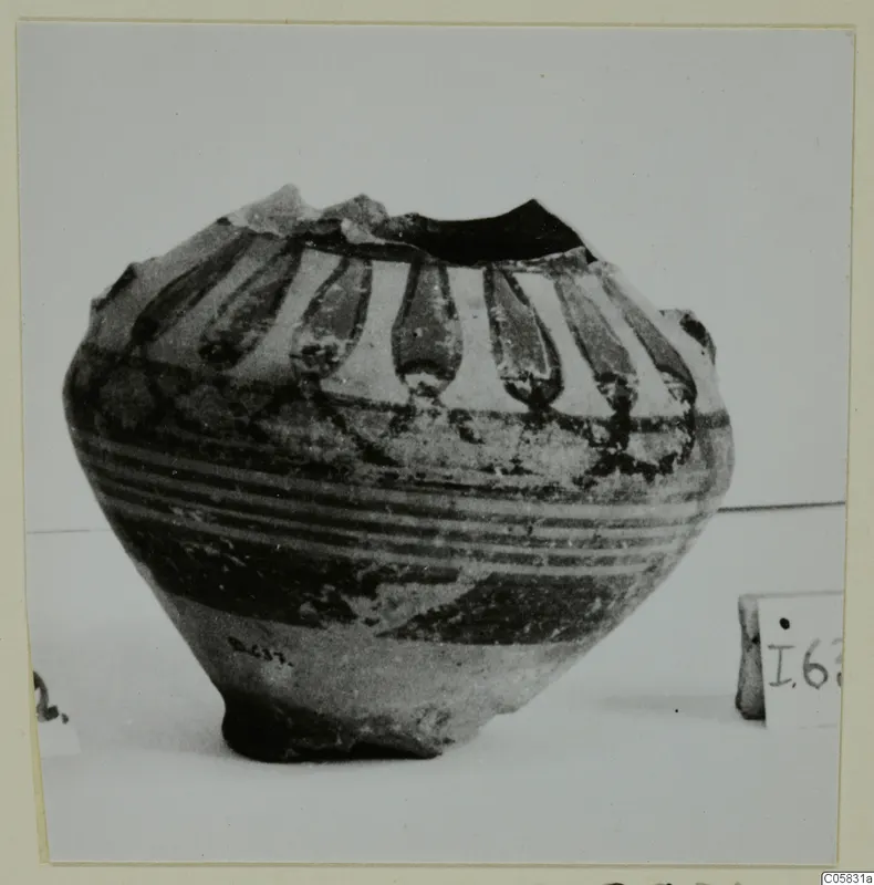 Pottery Bichrome IV, Amphora-Crater (L.637): a squat painted vessel with pendent motifs on the shoulder and bands around the body
