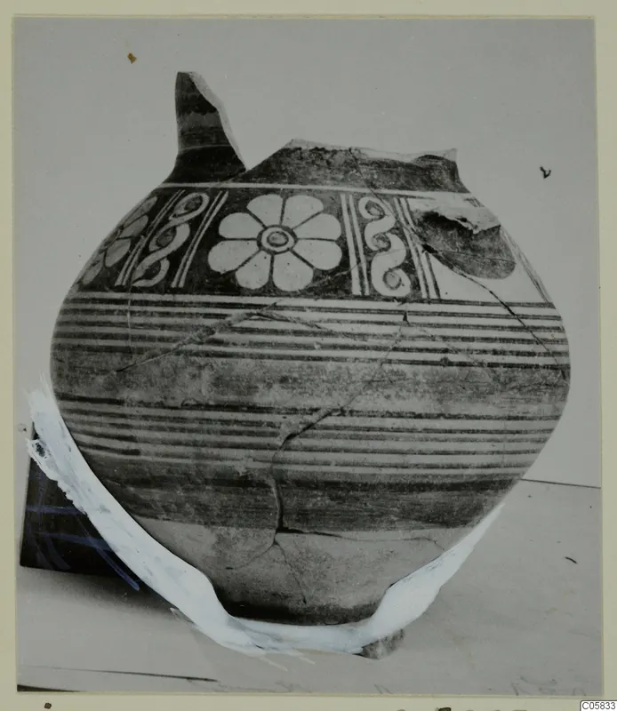 Pottery Bichrome IV amphora-crater with a painted flower rosette and spiral bands on the shoulder
