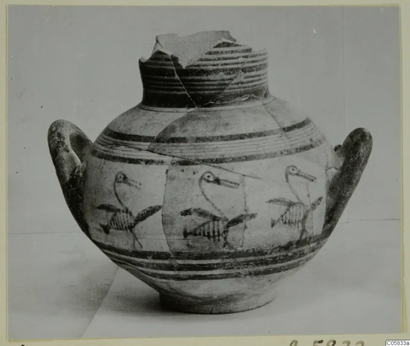 Pottery Bichrome IV amphora-crater with two loop handles, painted with birds and horizontal bands.