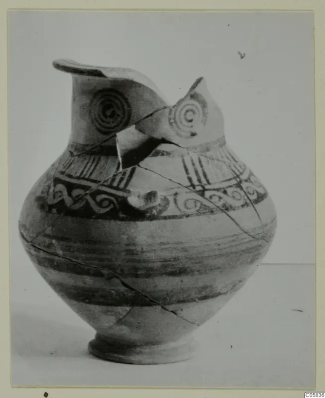 Pottery Bichrome IV amphora-crater with spiral and scroll decoration and a broken, partly refitted neck