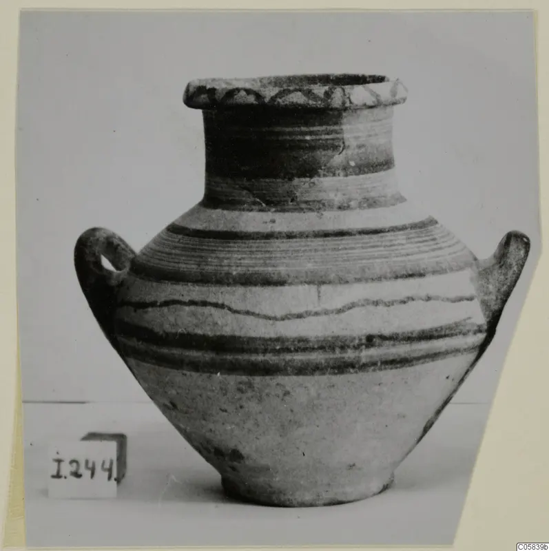 Pottery White Painted IV, a two-handled vessel with painted bands and a looped rim pattern