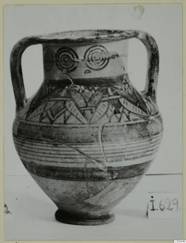 Pottery Bichrome IV amphora-crater from Idalion: two-handled vessel with concentric circles on the neck and banded painted decoration