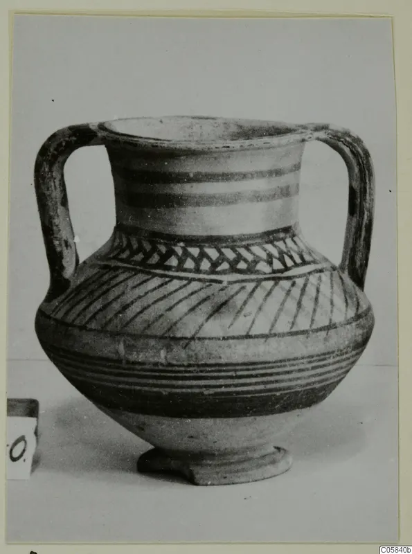 Two-handled vessel, Pottery Bichrome V, with painted bands and diagonal strokes on its body