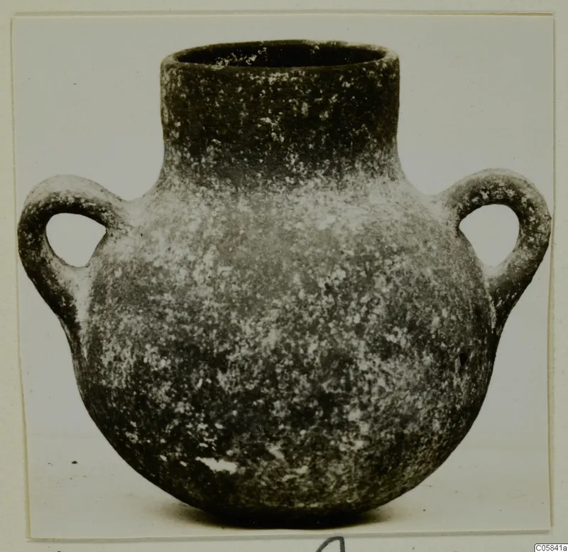 Coarse ware pot with a wide neck and two loop handles, photographed against a plain background.