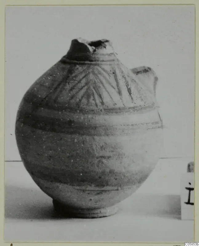 Globular vessel with a broken neck, painted bands and a chevron pattern on the shoulder, Pottery White Painted Wheel-made