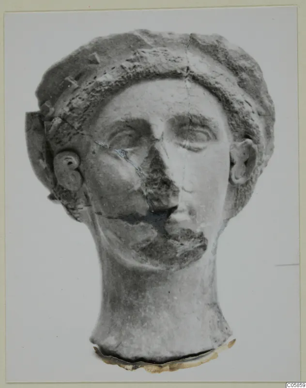 Head of a sculpture from Mersinaki with hair in raised bands, cracked across the face and broken at the neck.