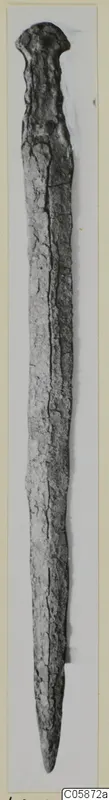 Iron sword photographed upright, long blade tapering to a point, surface heavily corroded