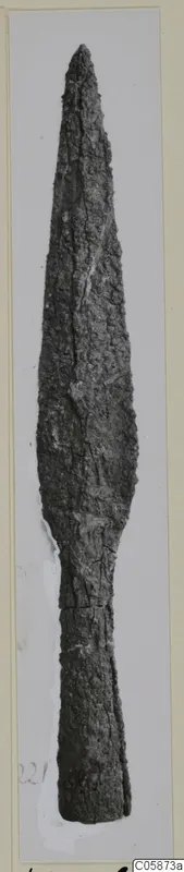 Corroded iron sword blade with a tapering tang, photographed upright on a mount card.