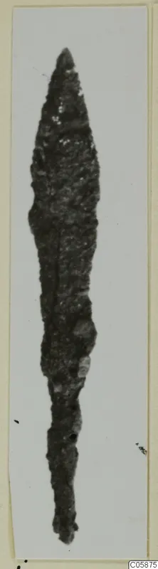 Corroded iron blade with a pointed tip, shown upright on a light card mount