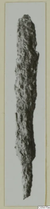 Iron weapon, long and narrow, heavily corroded and pitted, shown upright against a pale background.