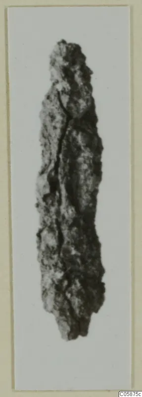 Corroded iron weapon, long and narrow with a pointed end, against a pale background.