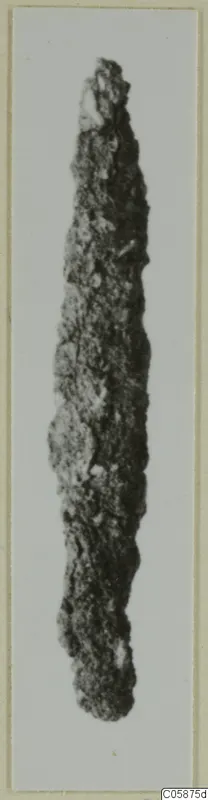 Corroded iron object, long and narrow, tapering to a point at the top, photographed on a pale background