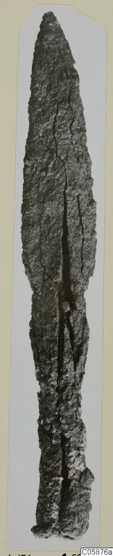 Long corroded iron blade with a pointed tip, shown upright on a mounted card.
