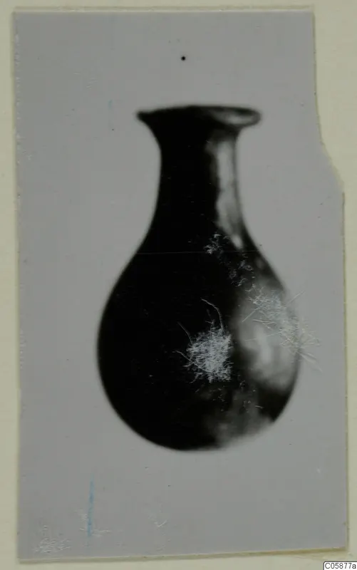 Blown glass vase with a flared rim, long neck and rounded body, shown against a light background
