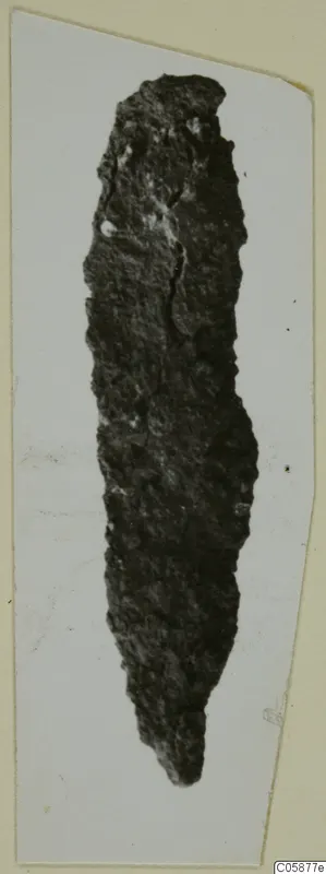 Corroded iron tool, long and narrow, tapering to a point at its lower end.