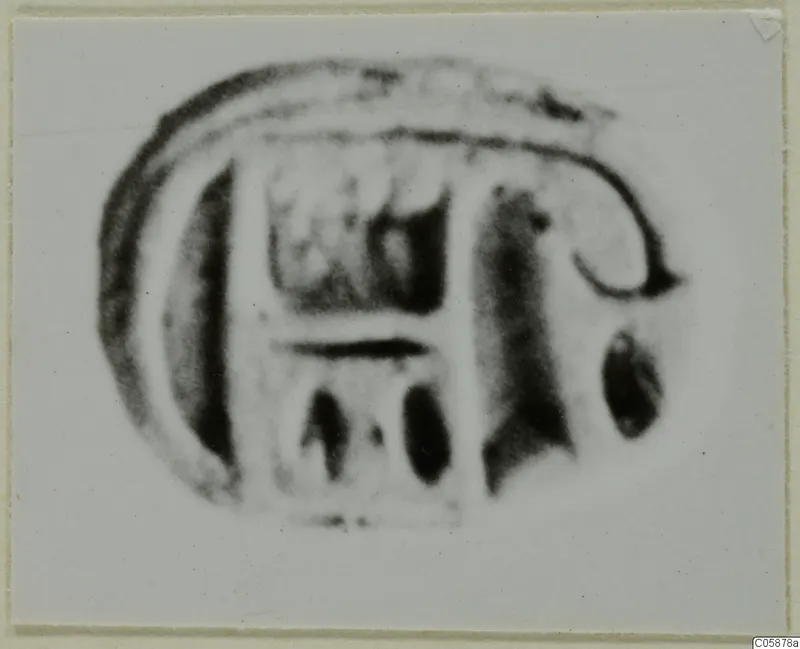Blurred enlarged photograph of an engraved glyptic object, probably a seal or gem, with a curved outline and rectangular motifs.
