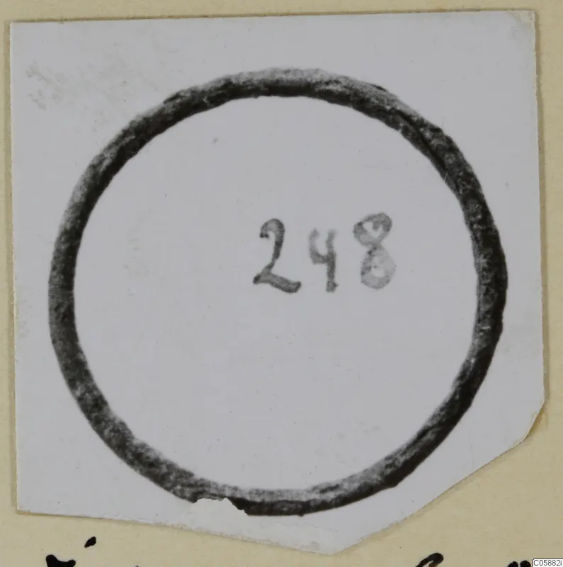 Bronze ring on a small white card, with a handwritten number label
