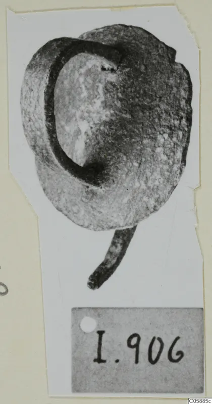 Bronze fragment with a curved loop and a short rod-like projection, photographed on a card with a number label