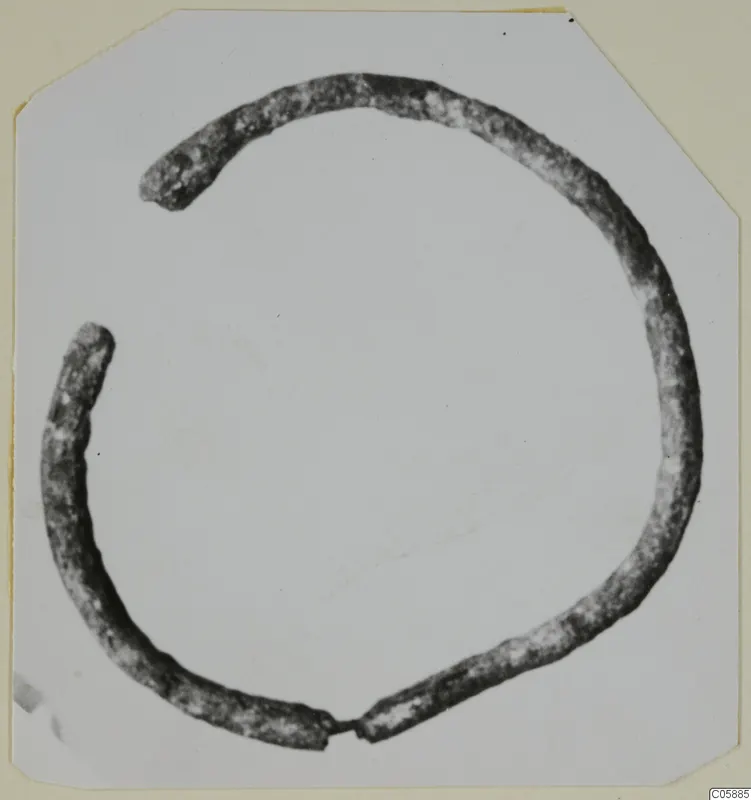 Bronze bracelet, a plain open ring of rounded section, shown alone on a pale card