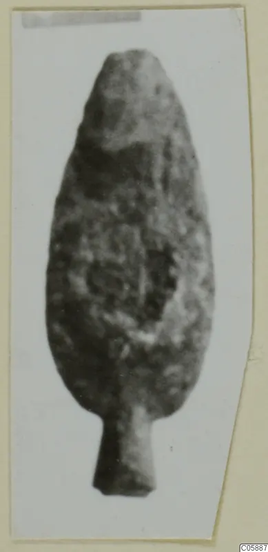 Leaf-shaped weapon blade with a short tang, photographed upright against a pale background.