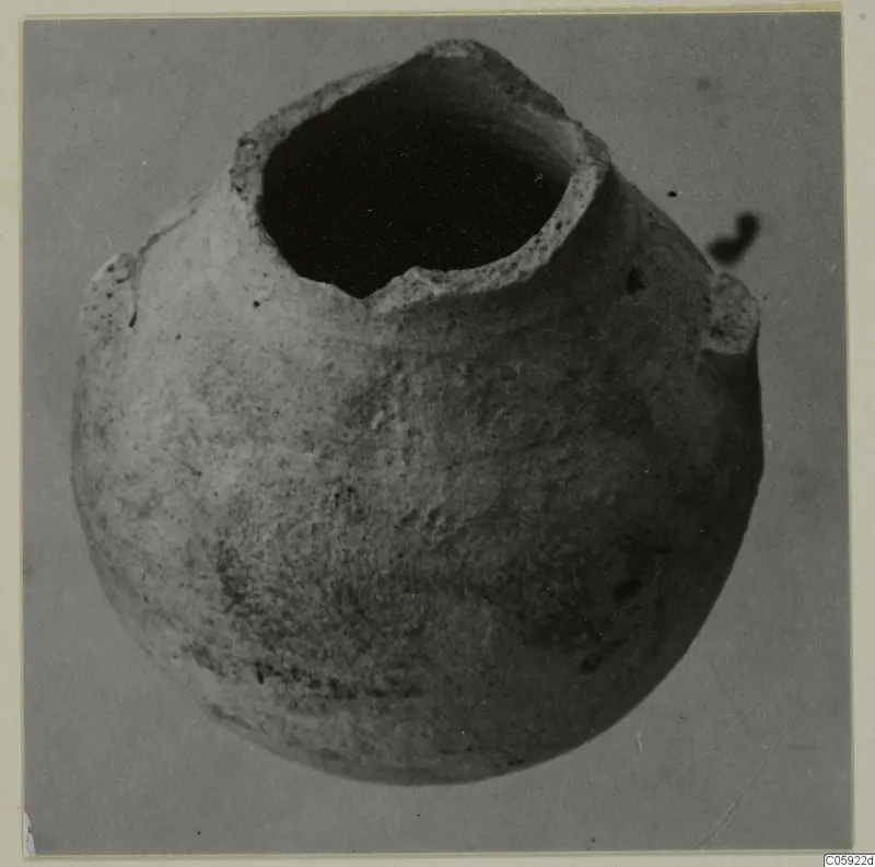 Pottery Bichrome V vessel from Idalion, photographed mouth-up, with a round body and two small projections on the shoulder