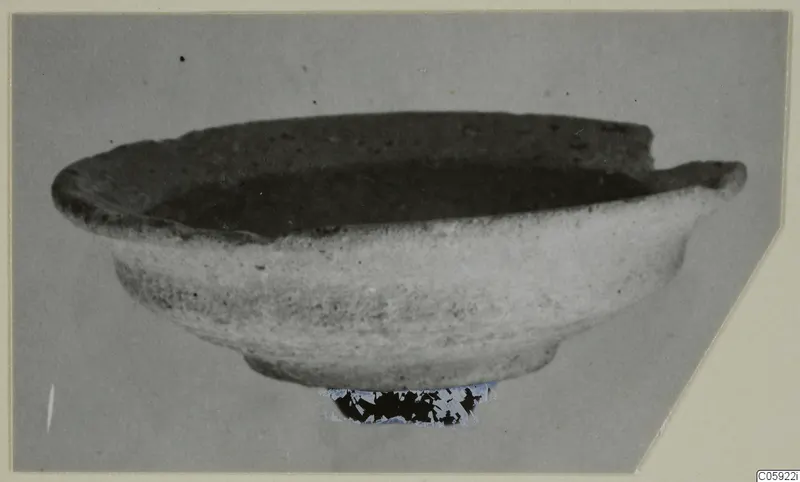 Plain pottery bowl with a rounded body and flaring rim, seen from the side.