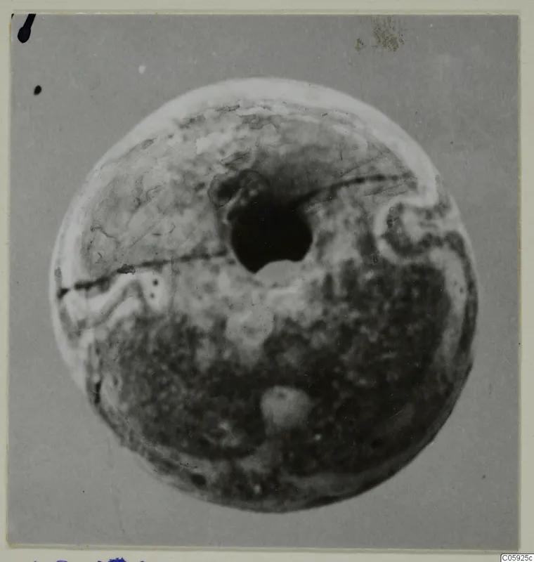 Round bead with a large central hole, photographed face-on against a grey background