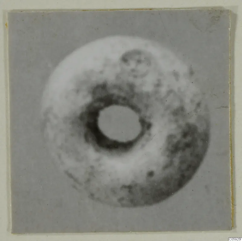 Blurred photograph of a round disc-shaped object with a large central hole, mounted on a grey card