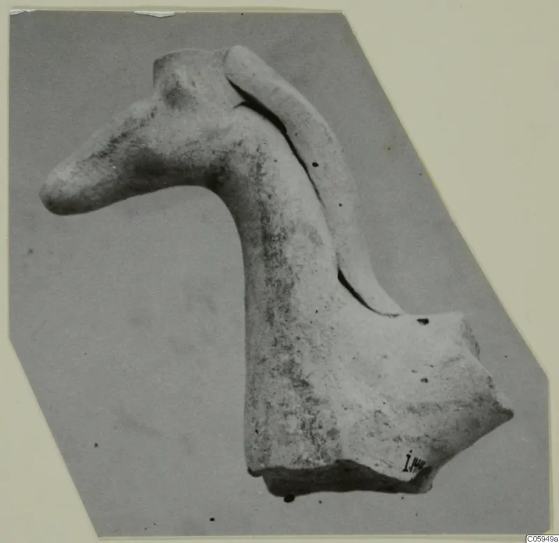 Terracotta animal head and neck fragment from Idalion, shown on a grey card