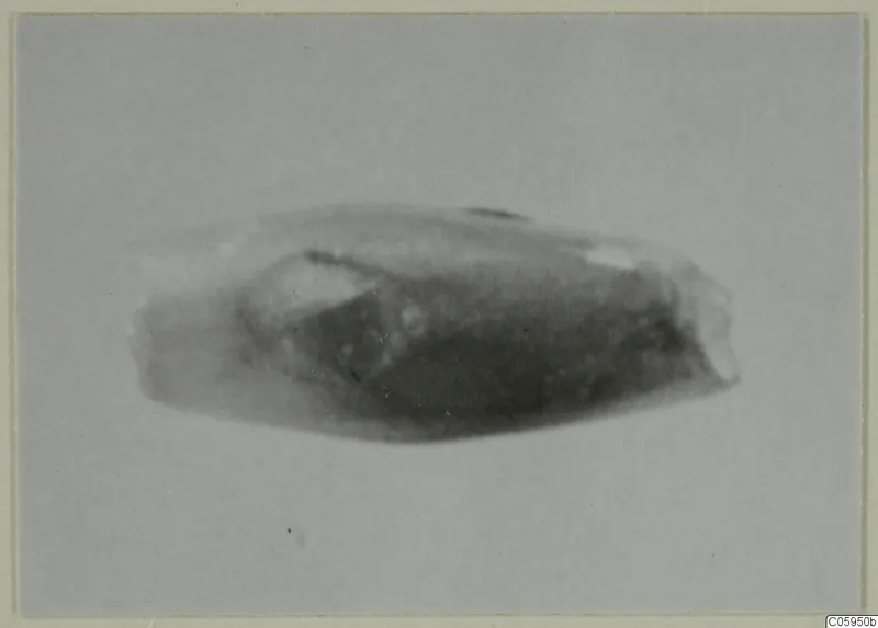 Small find on a grey backdrop: an elongated object with angular, faceted sides, shown from one side