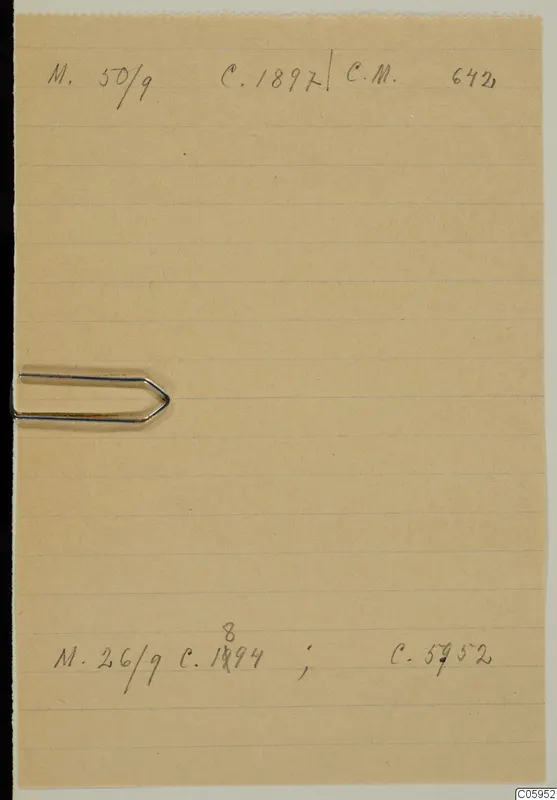 Buff lined card with handwritten numbers and abbreviations at top and bottom, with a metal paper clip on the left edge