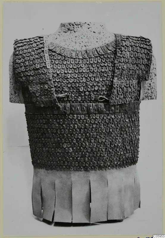 Scale armour corselet with a fringed skirt of strips, shown on a torso stand.