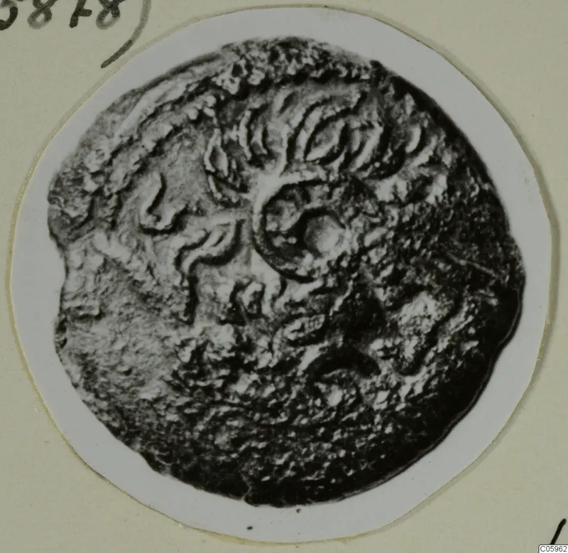 Disc-shaped find from Idalion with raised relief pattern, shown on a white card mount