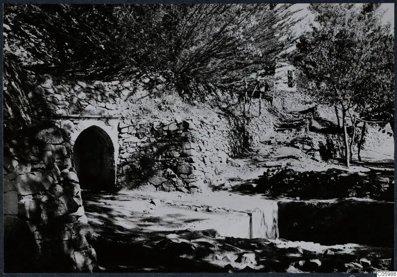Stone wall with an arched doorway and overhanging trees at Machairas, Troodos