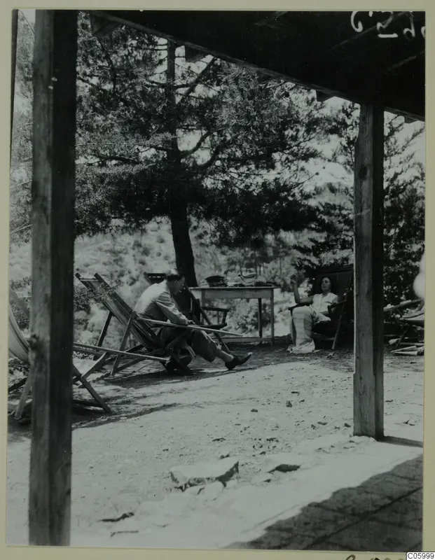 Man and woman resting in deck chairs on a terrace at Machairas, with a pine tree beside them